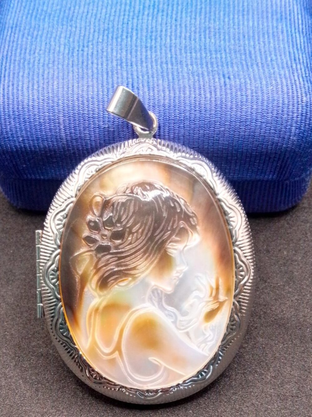 Vintage Cameo Portrait Locket Etched Mother of Pearl Abalone Large Silver Tone